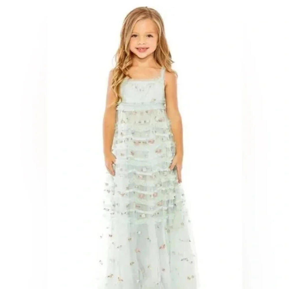 New, Mac Duggal Girl's Ruffle Tiered Floral Embroidered 8217 Blue Sz 4 #MD0200